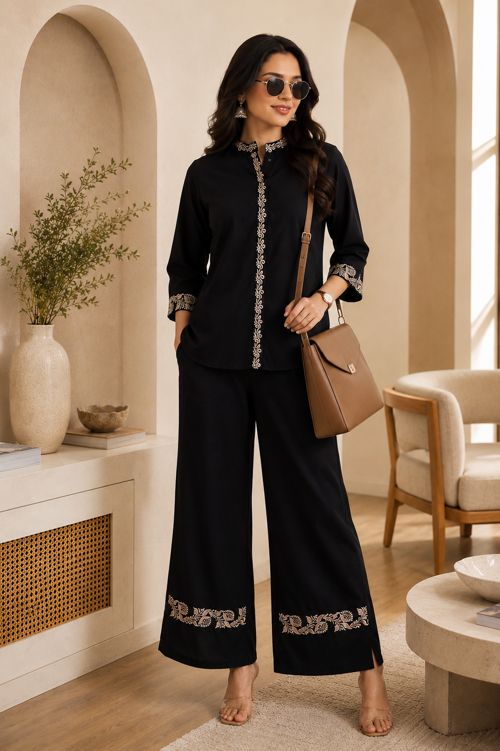 Black Floral Embroidered Viscose Rayon Co-Ord Set for Women