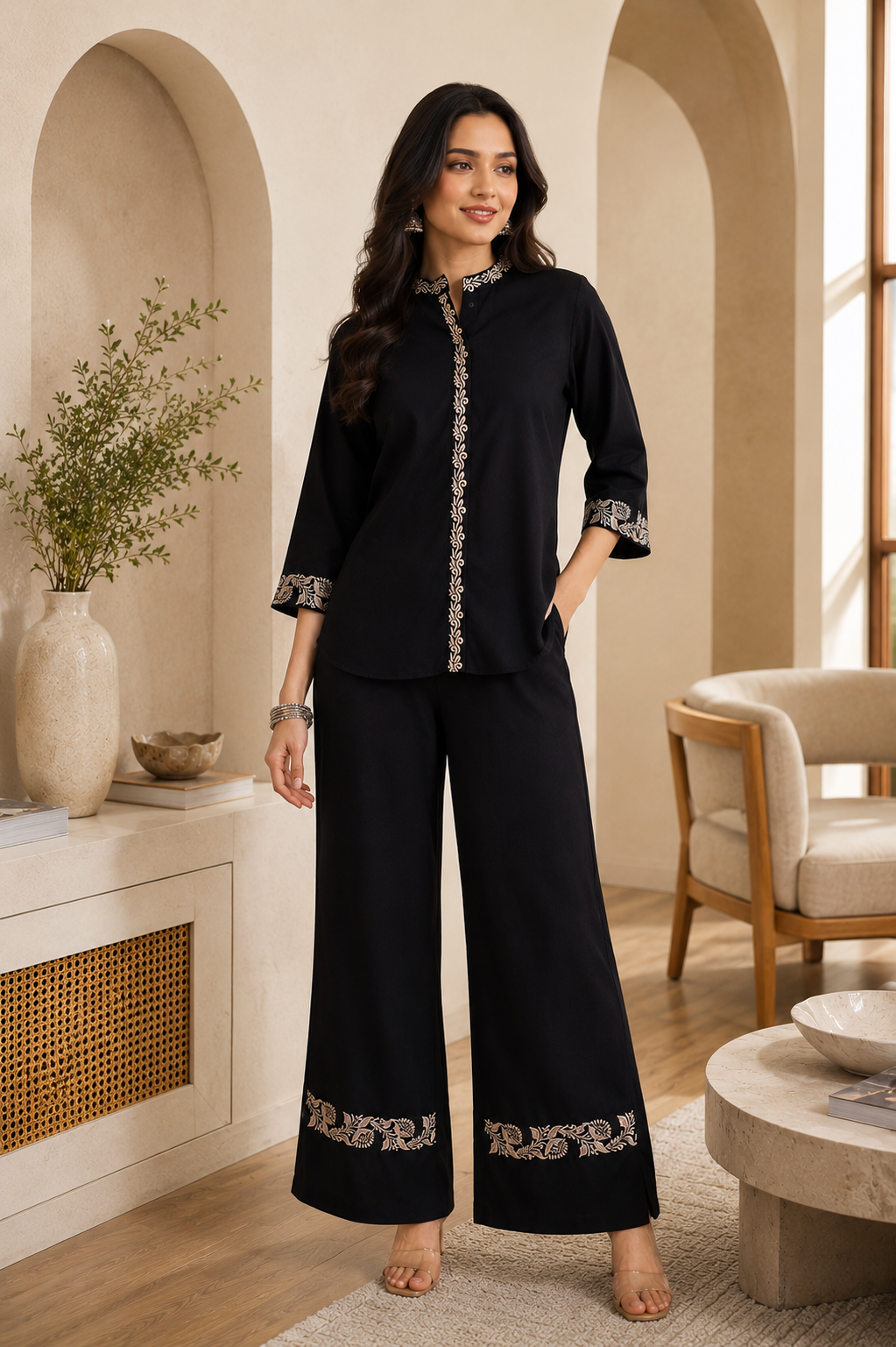 Black Floral Embroidered Viscose Rayon Co-Ord Set for Women