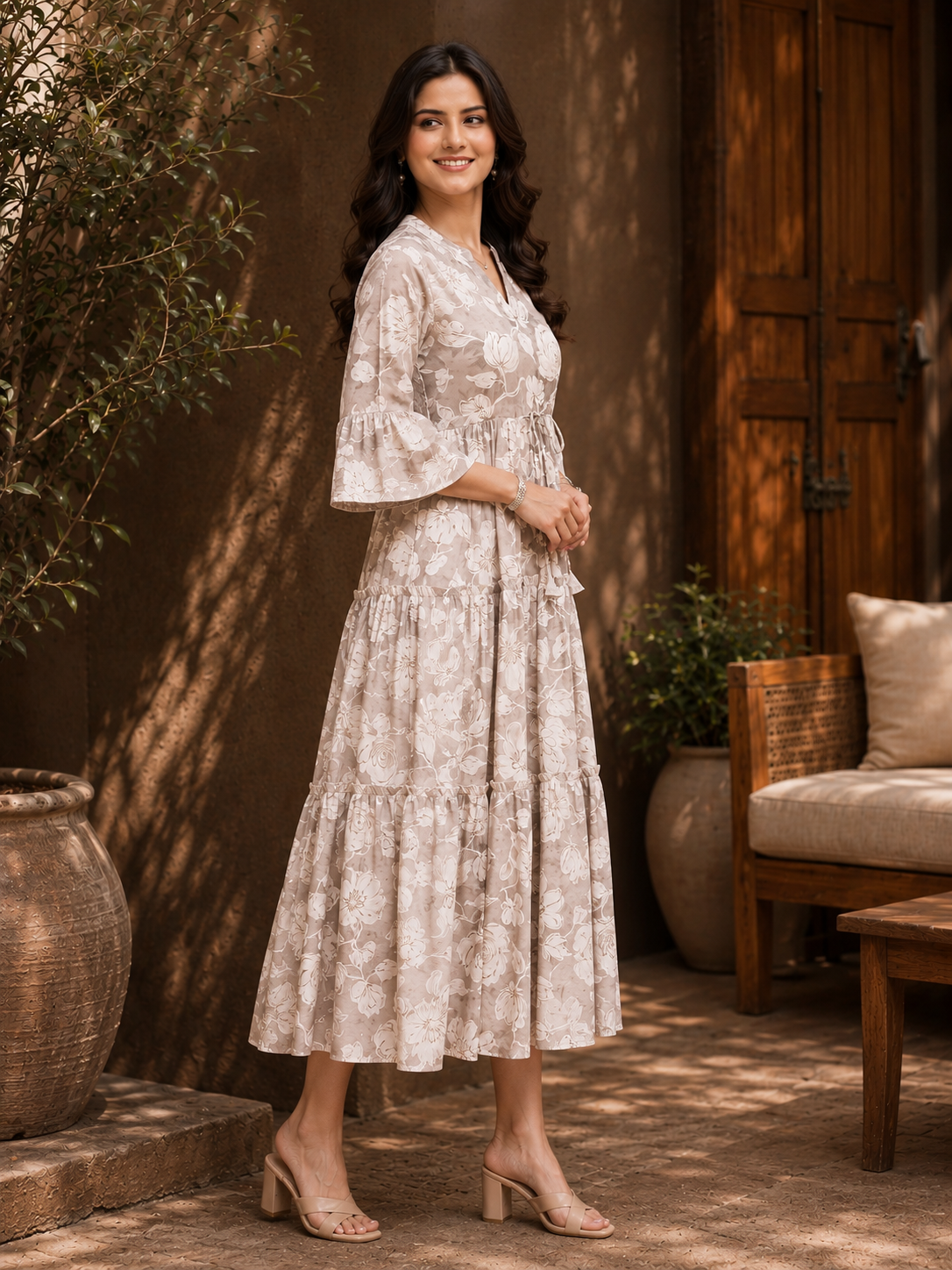 Cream Chanderi Floral Printed Dress for Women | Claura