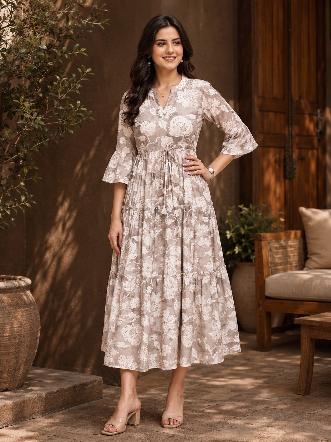 Cream Chanderi Floral Printed Dress for Women | Claura