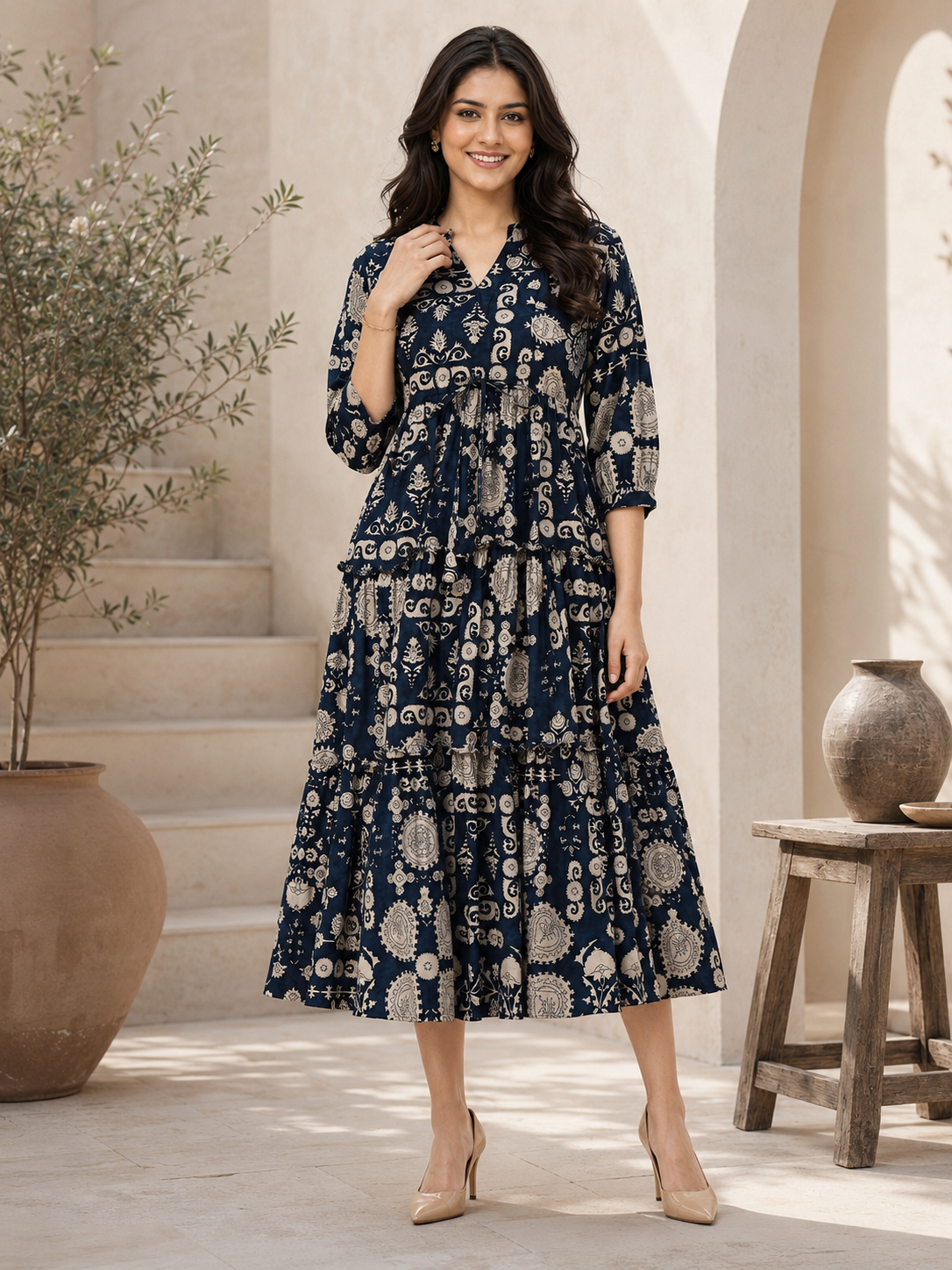 Navy Blue Chanderi Abstract Printed Dress for Women | Claura