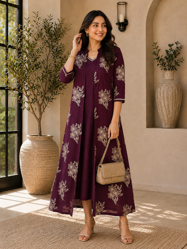 Wine Color Floral Printed Cotton Dress for Women | Claura