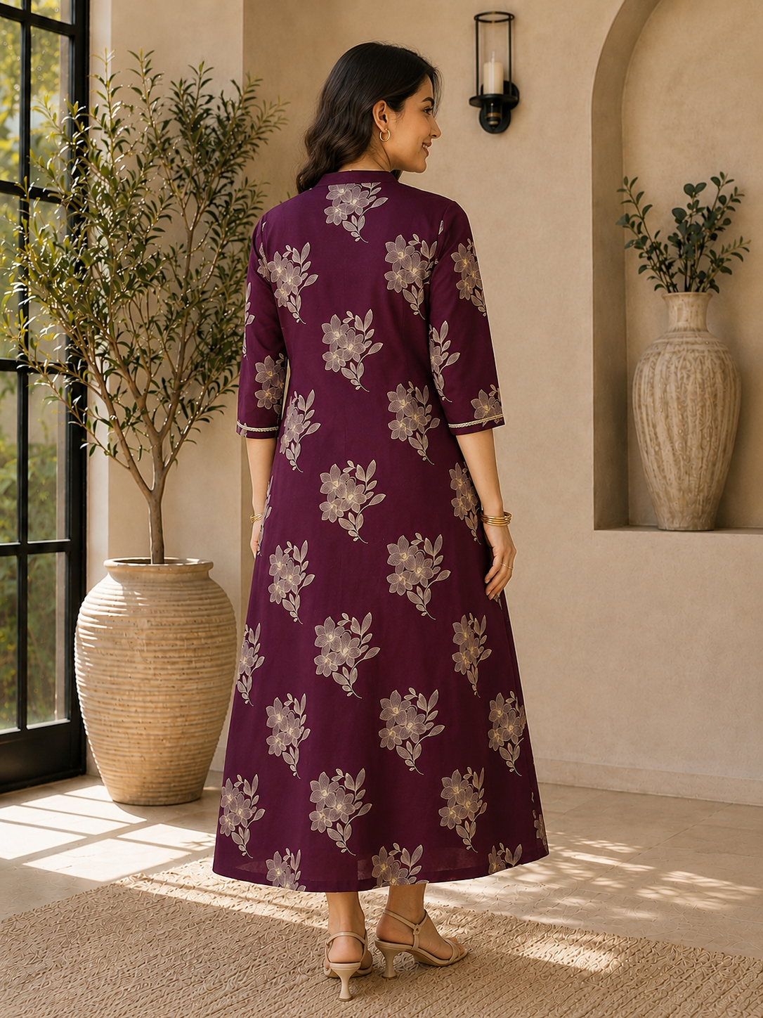 Wine Color Floral Printed Cotton Dress for Women | Claura