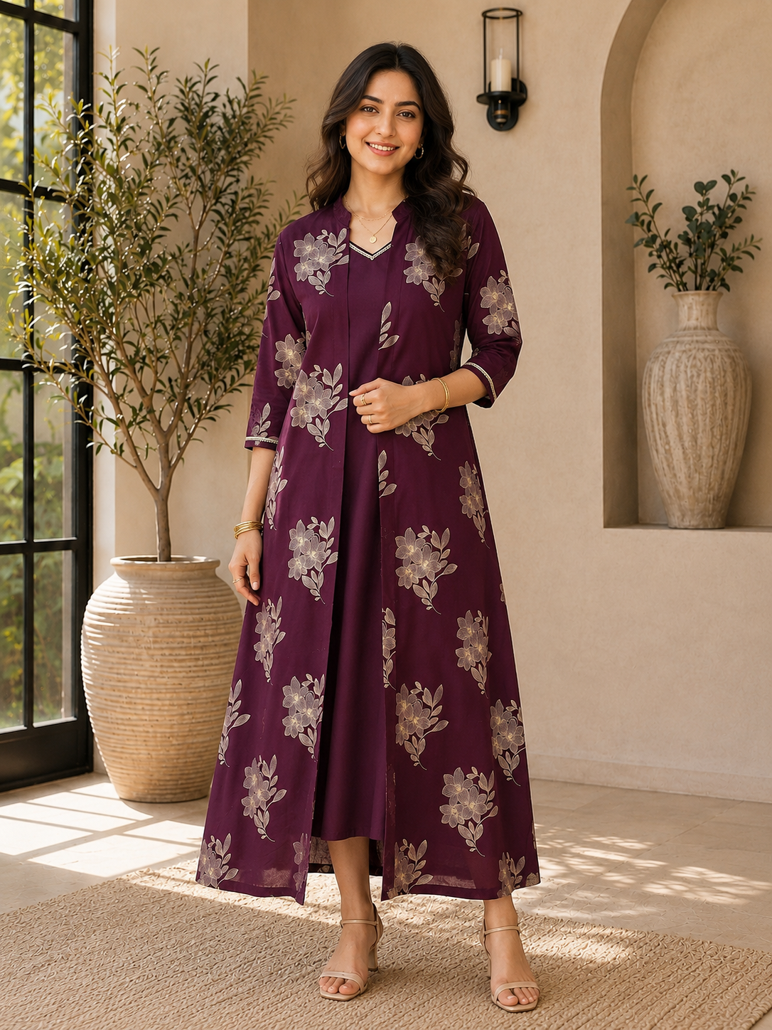Wine Color Floral Printed Cotton Dress for Women | Claura