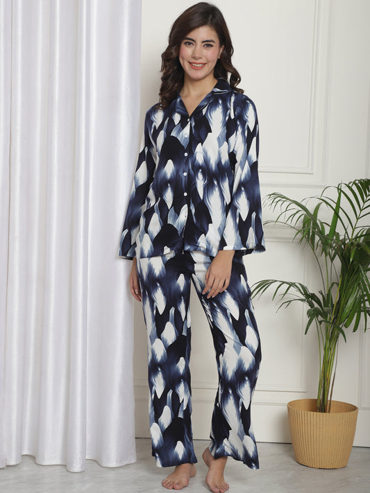 Navy color Abstract Printed Night Suit For Women