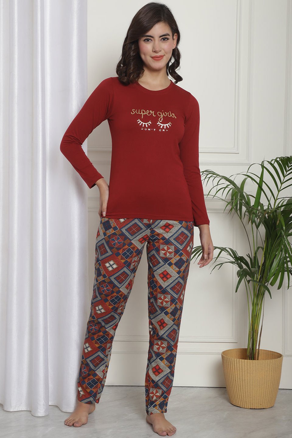  Maroon Typography Printed Viscose Rayon Night Suit – Women's Fashion | Claura