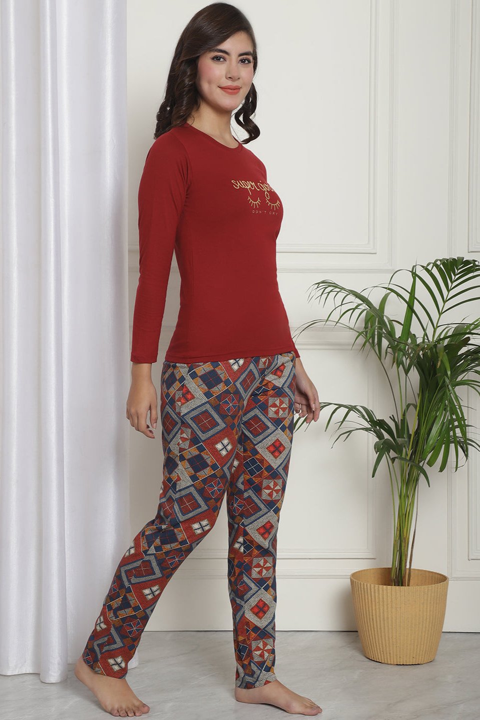 Typography Printed Viscose Rayon Night Suit