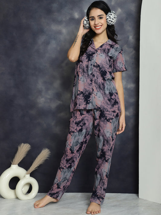 Pink Color Abstract Printed Viscocs Rayon Night Suit For Women