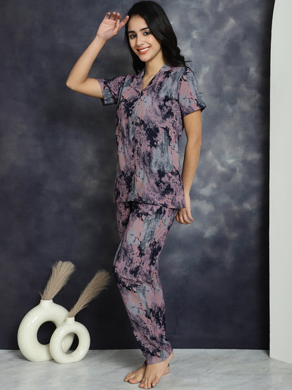 Pink Color Abstract Printed Viscocs Rayon Night Suit For Women