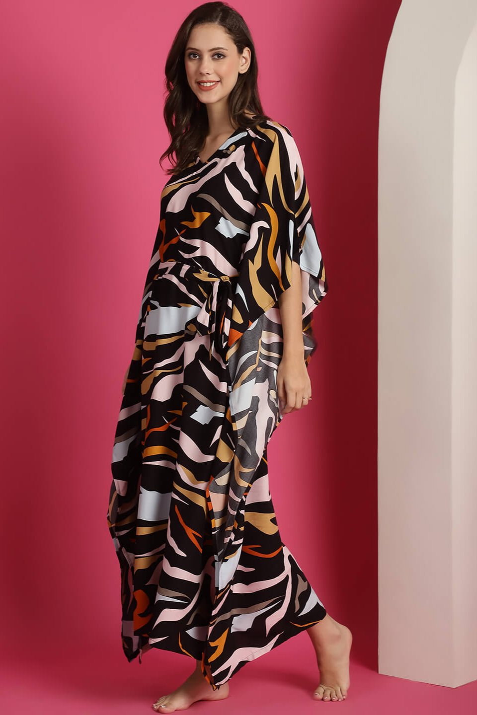 Black Abstract Printed Viscos Rayon Maxi Kaftan Nightdress