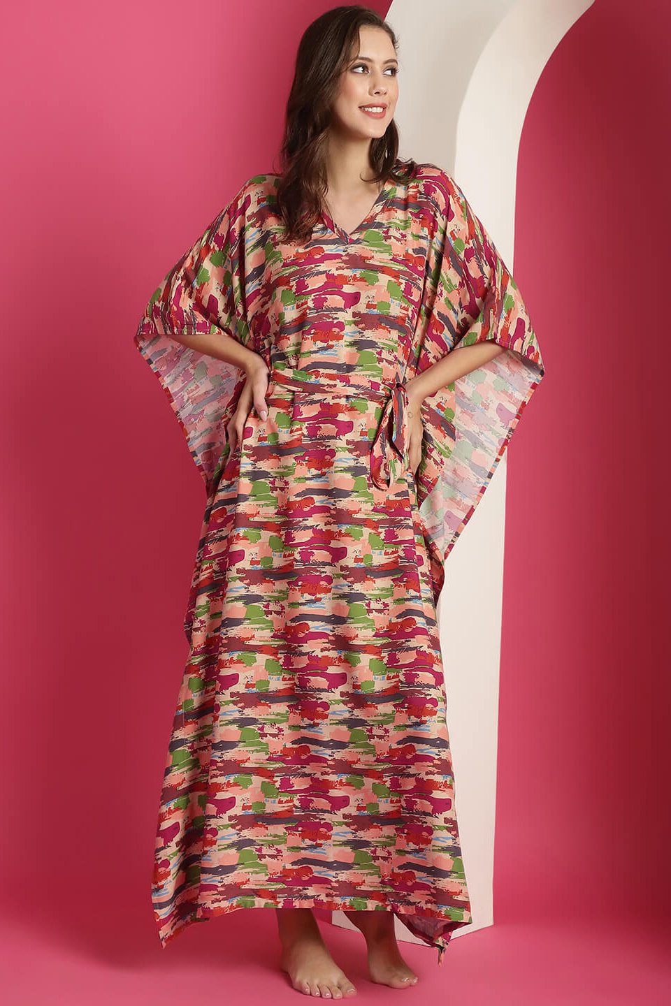 Red & Green Abstract Printed Maxi Kaftan Nightdress