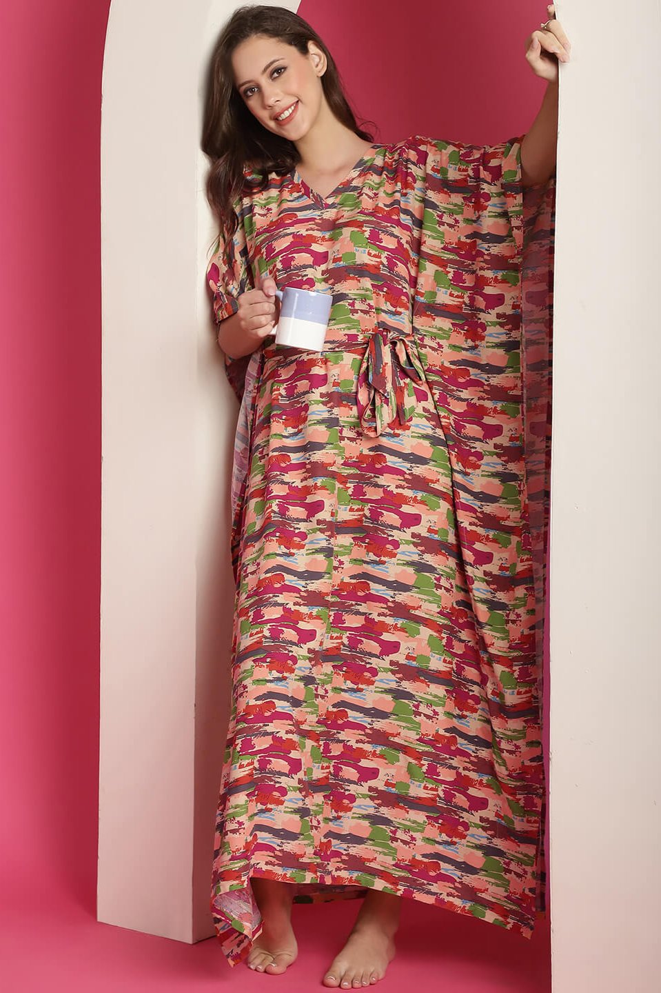 Red & Green Abstract Printed Maxi Kaftan Nightdress