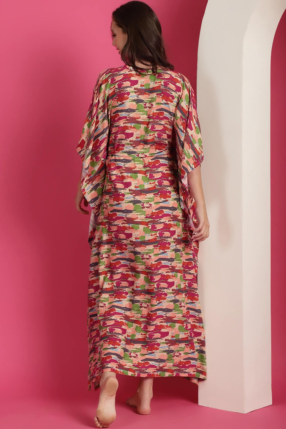 Red & Green Abstract Printed Maxi Kaftan Nightdress