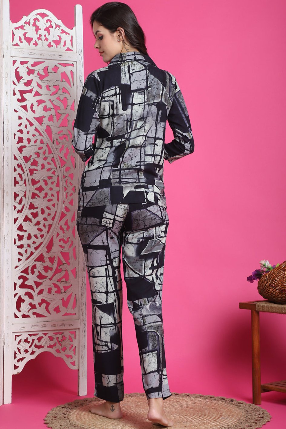 Black Abstract Printed Viscose Rayon Night Suit for Women by Claura

