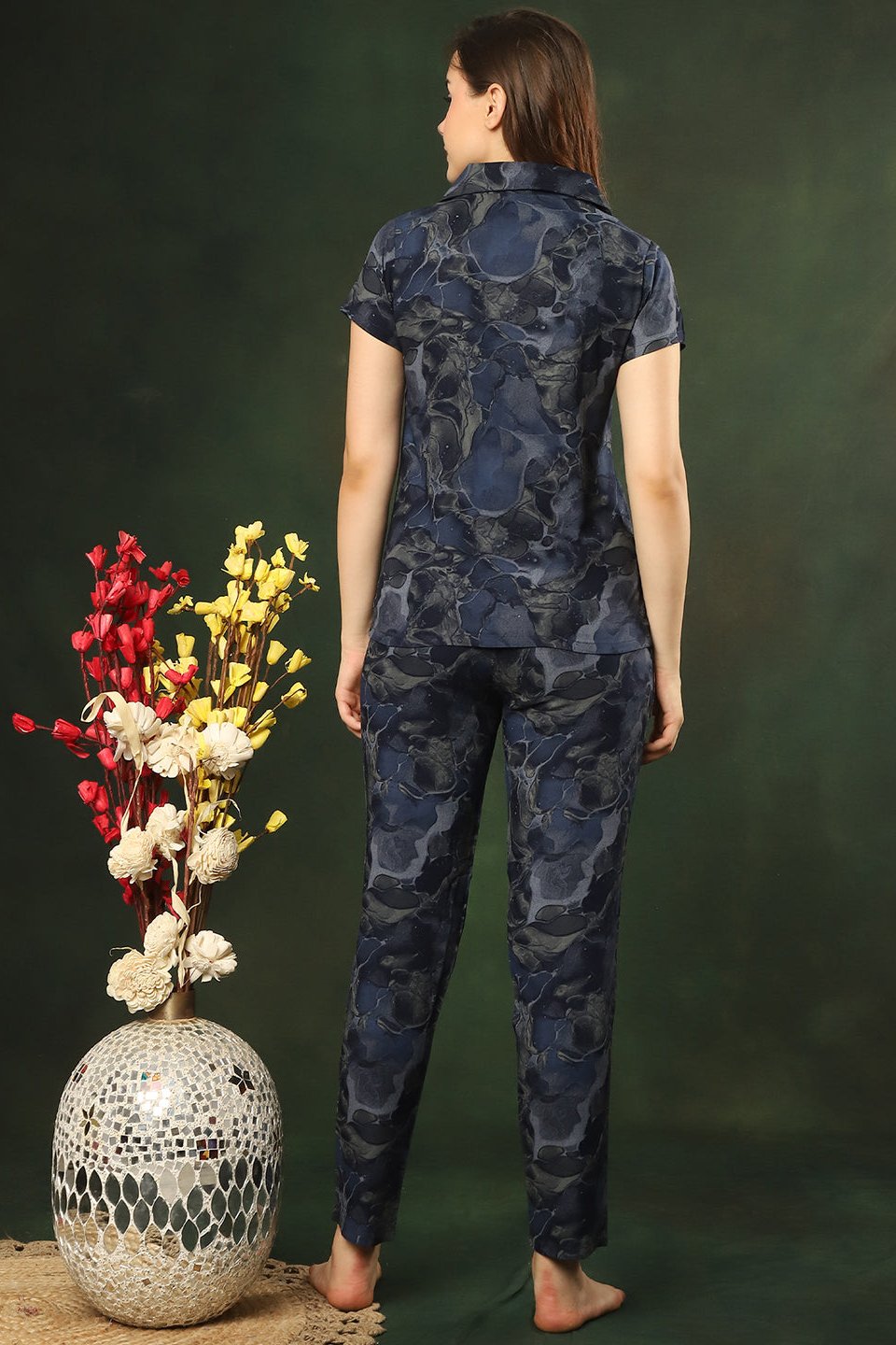 Navy Color Abstract Printed Viscose Rayon Night Suit