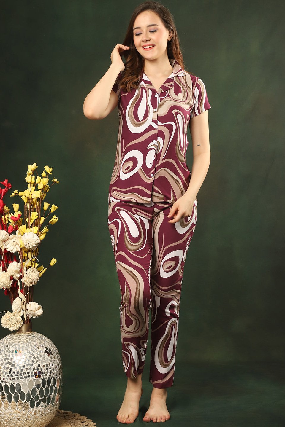 Purple Color Printed Viscose Rayon Night Suit