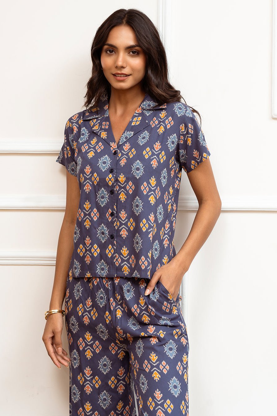 Close-up of Viscose Rayon fabric detail on Blue Night Suit

