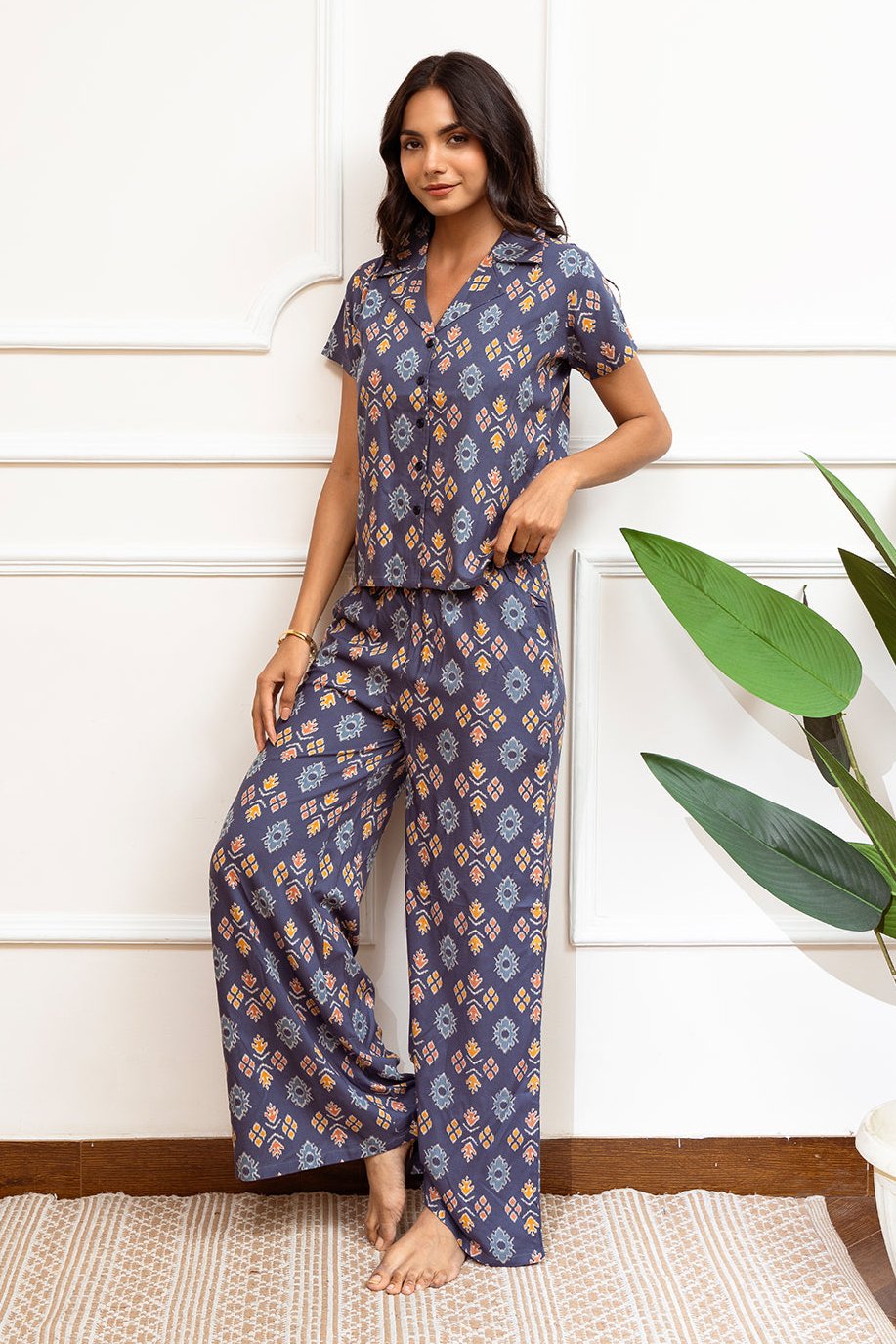 Blue Color Abstract Printed Viscose Rayon Night Suit