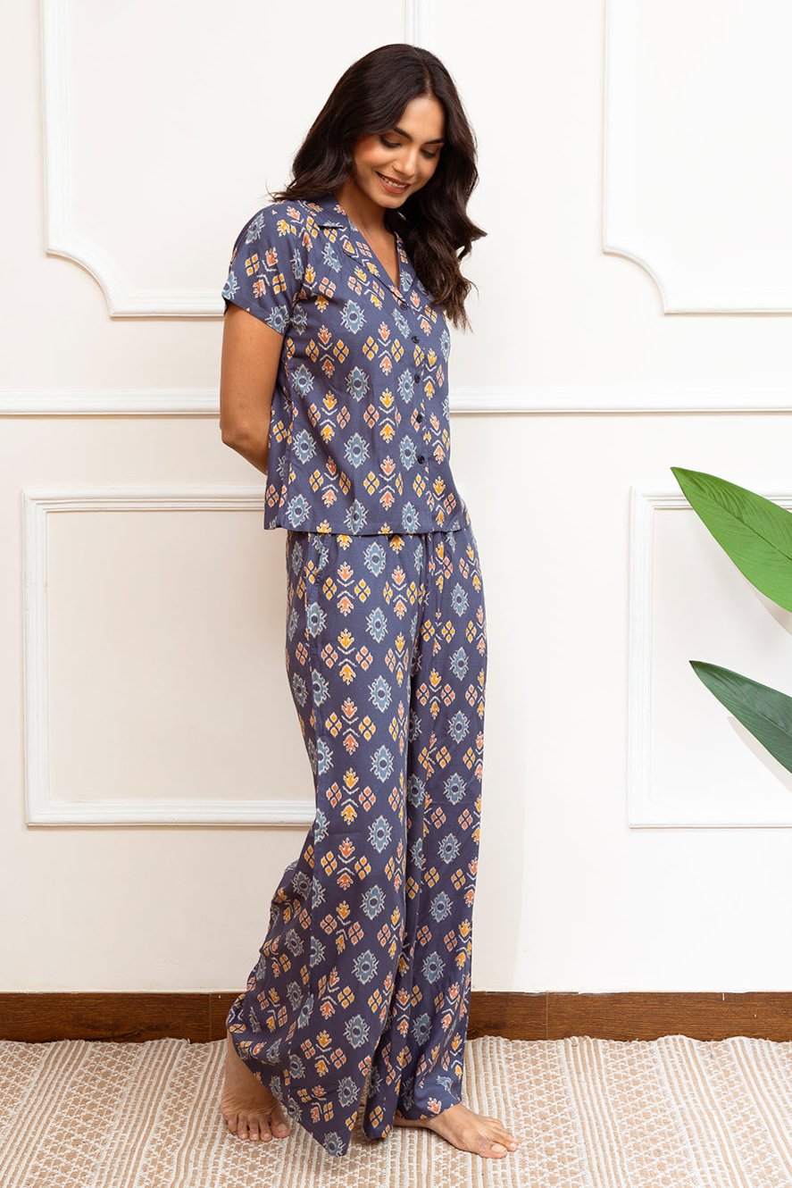 Blue Color Abstract Printed Viscose Rayon Night Suit