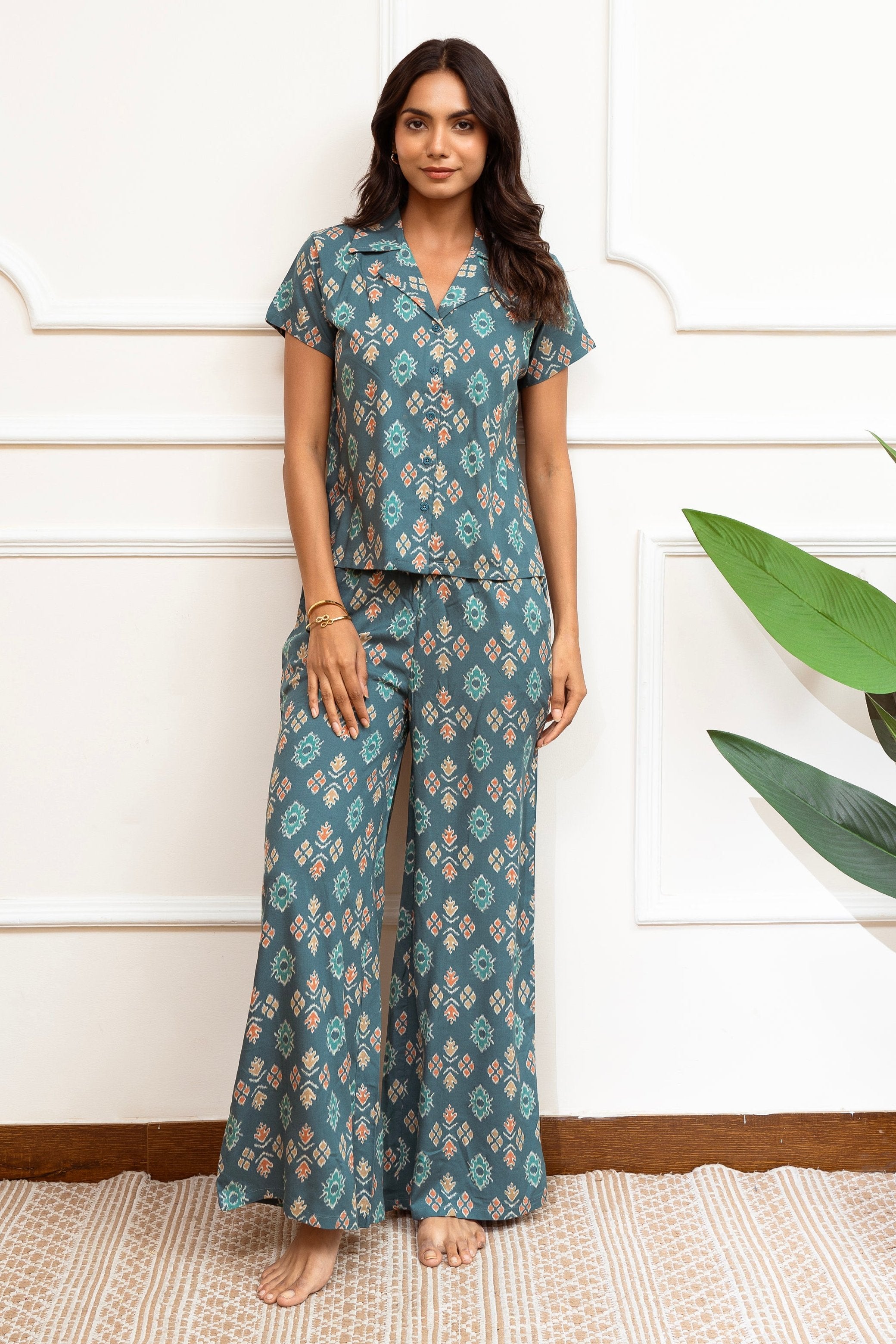 Green Abstract Printed Viscose Rayon Co-ord Set for Women by Claura

