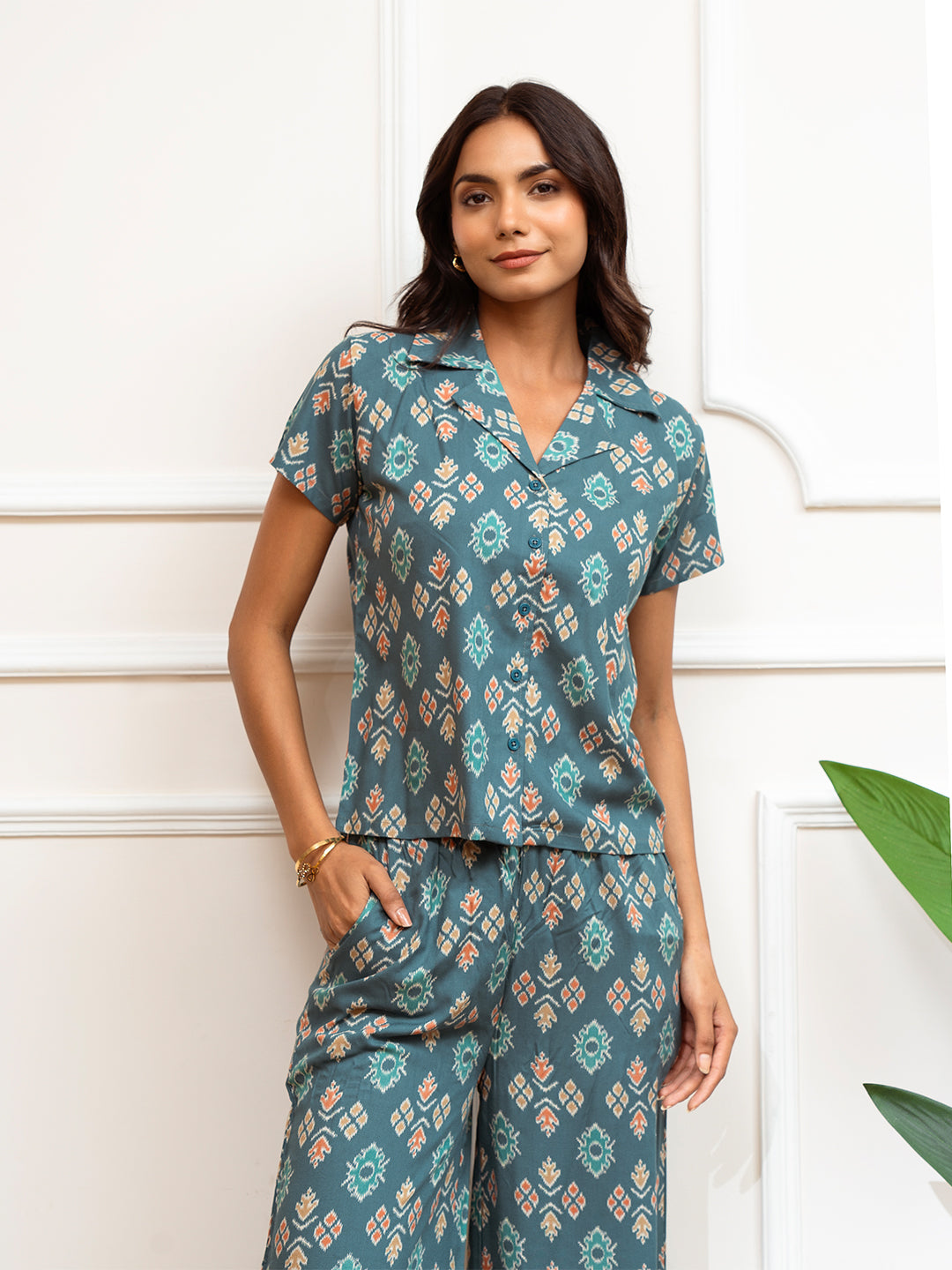 Green Abstract Printed Viscose Rayon Co-ord Set for Women by Claura

