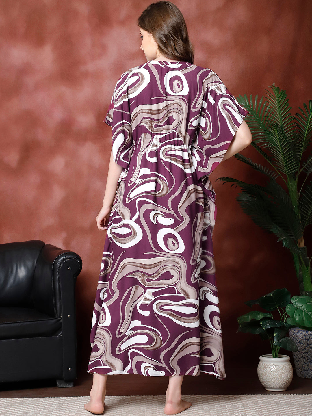 Purple Color Abstract Printed Viscose Rayon Kaftan For Women