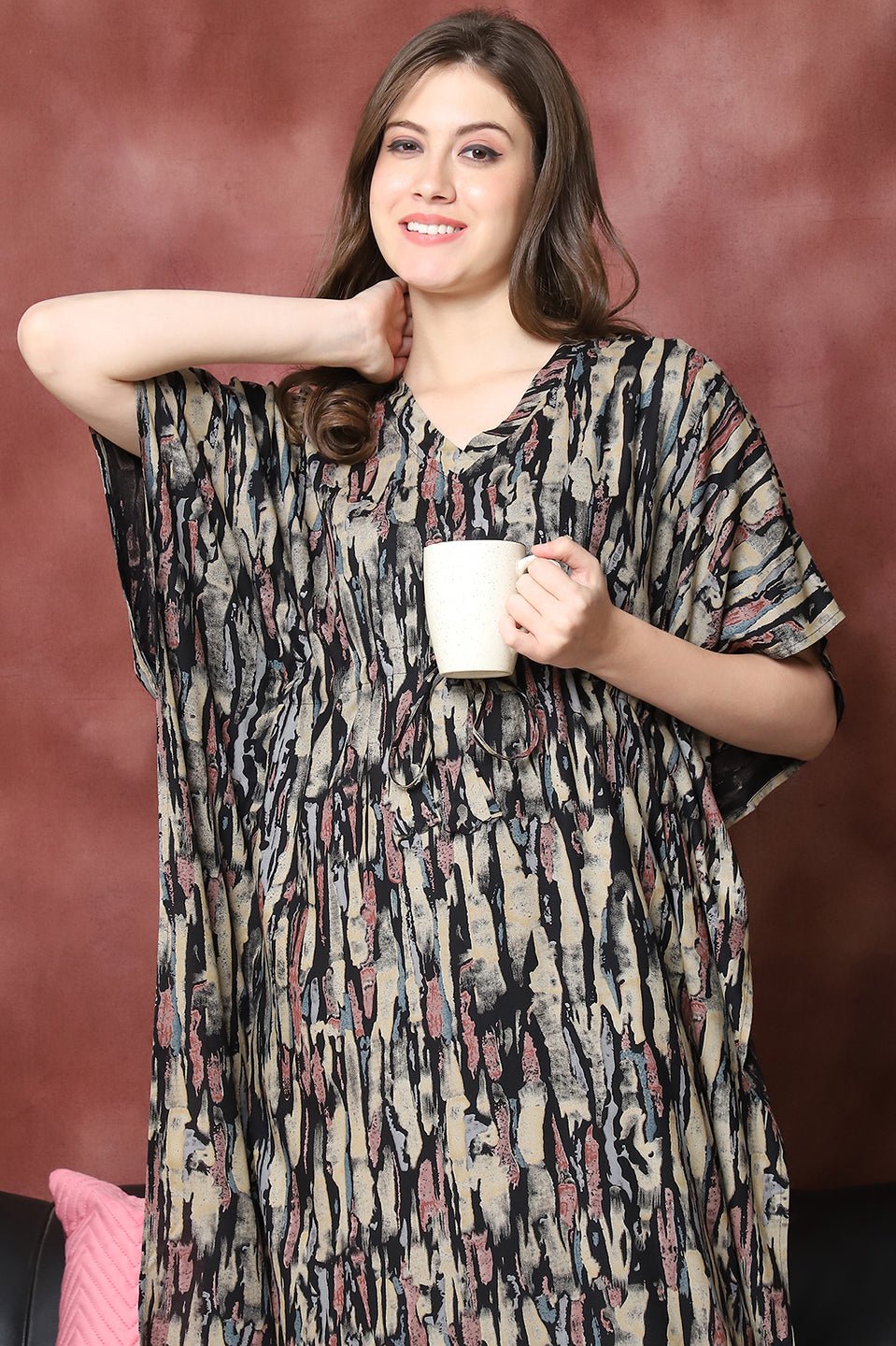 Black Color Abstract Printed Viscose Rayon Kaftan For Women