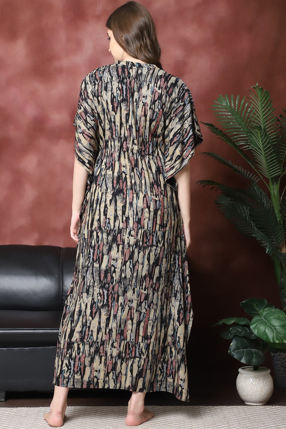 Black Color Abstract Printed Viscose Rayon Kaftan For Women