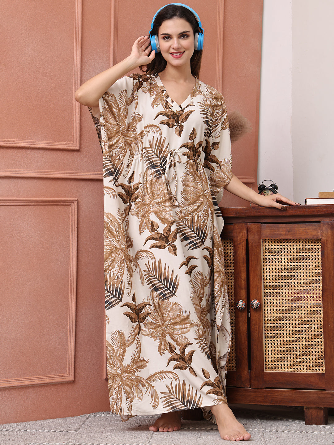 Beige Color Tropical Printed Viscose Rayon Kaftan For Women