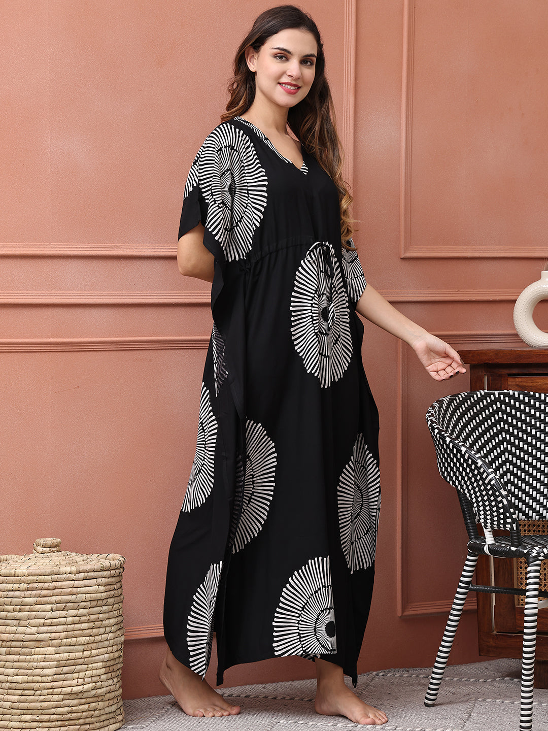 Black Color Abstract Printed Viscose Rayon Kaftan For Women