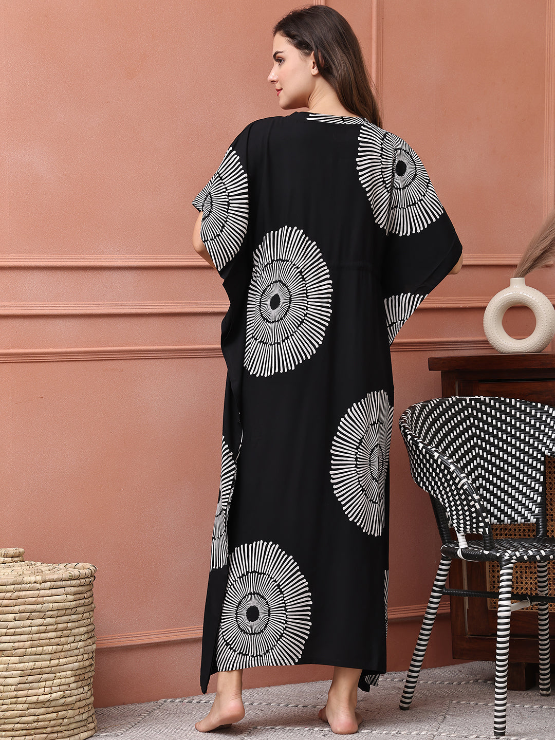 Black Color Abstract Printed Viscose Rayon Kaftan For Women