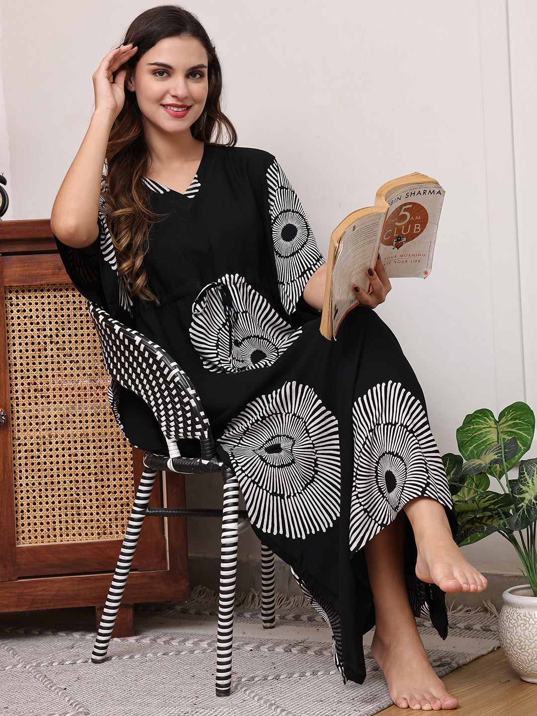 Black Color Abstract Printed Viscose Rayon Kaftan For Women