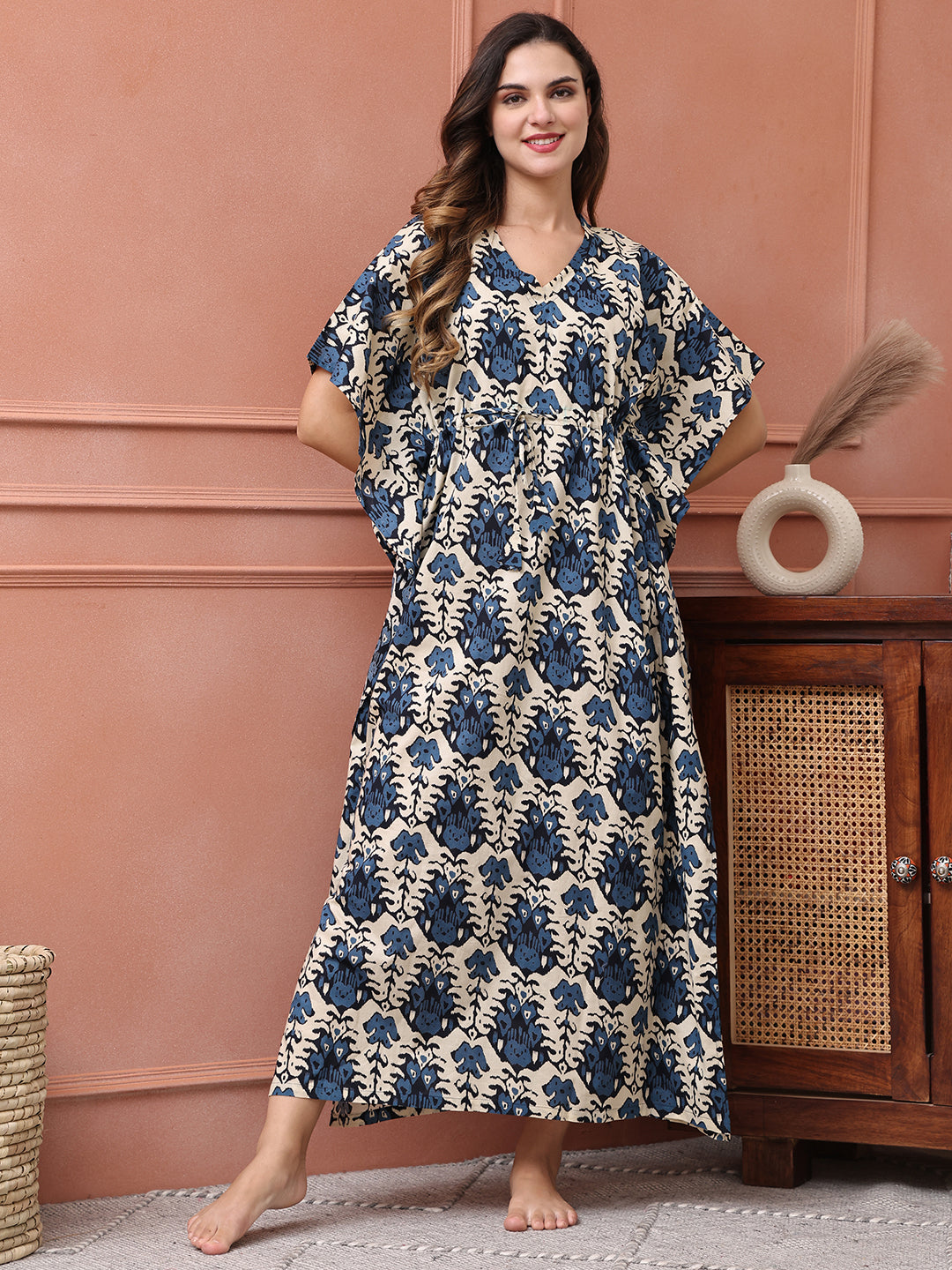 Blue Color Abstract Printed Cotton Kaftan For Women