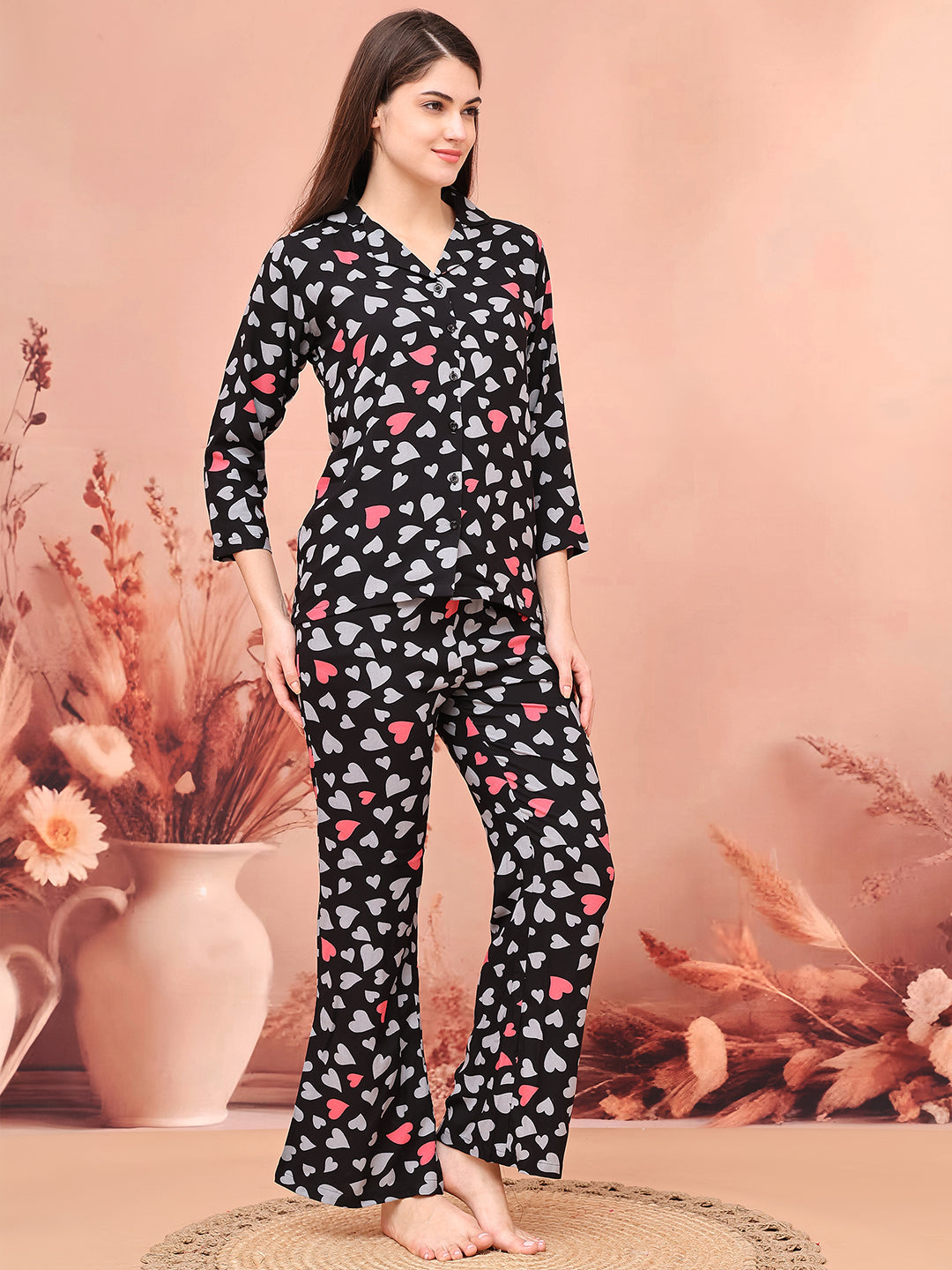 Black Color Abstract Printed  Night Suit  For Women