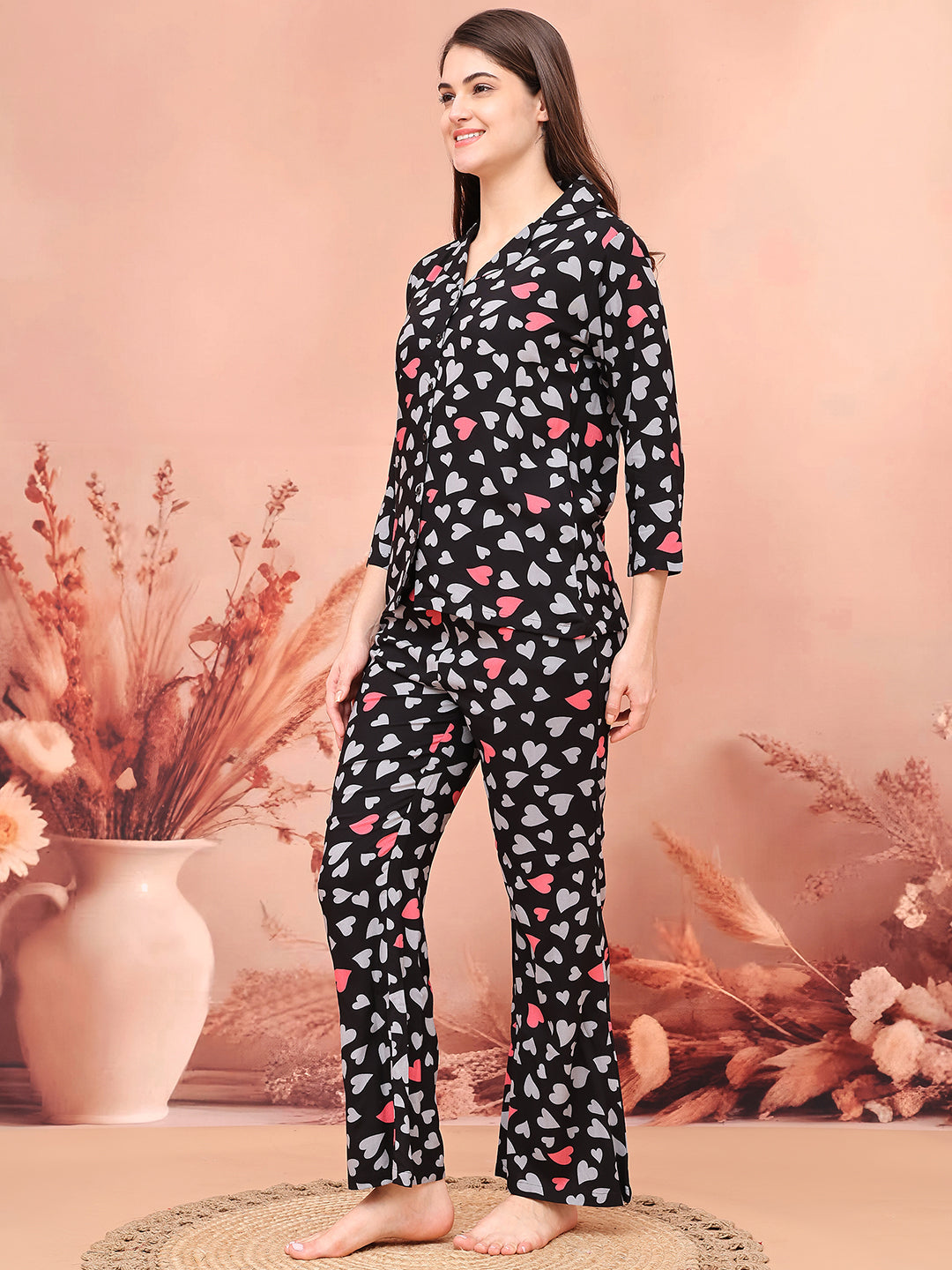 Black Color Abstract Printed  Night Suit  For Women