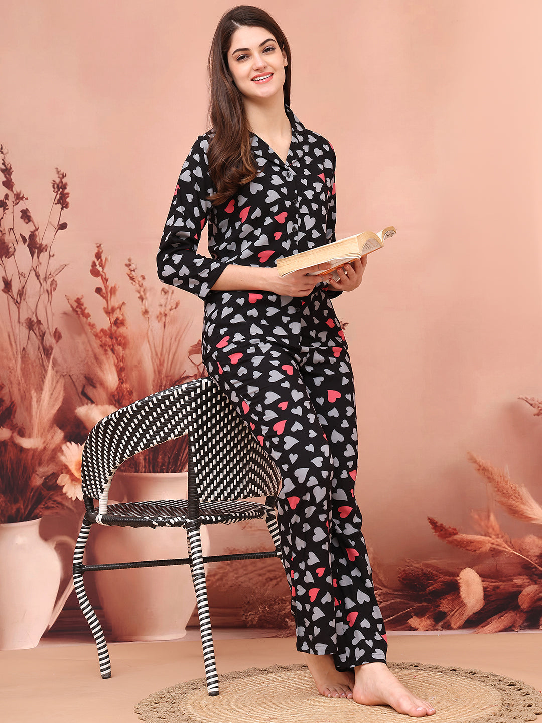 Black Color Abstract Printed  Night Suit  For Women