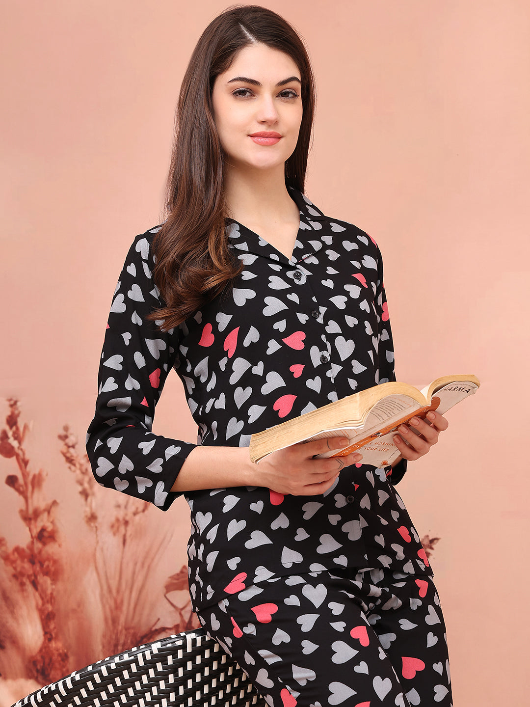 Black Color Abstract Printed  Night Suit  For Women