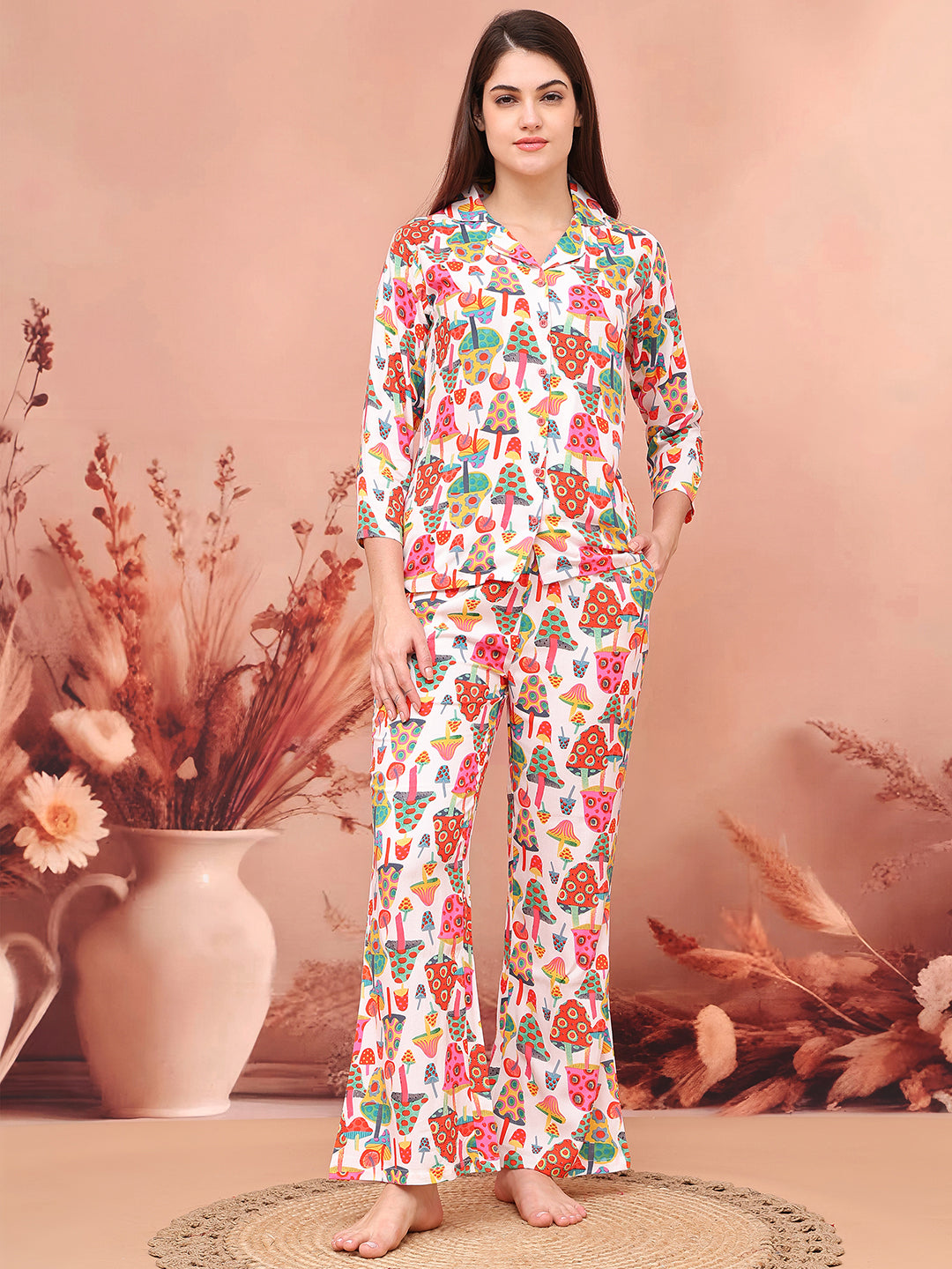 Color Abstract Printed Viscose Rayon Fabric Night Suit  For Women