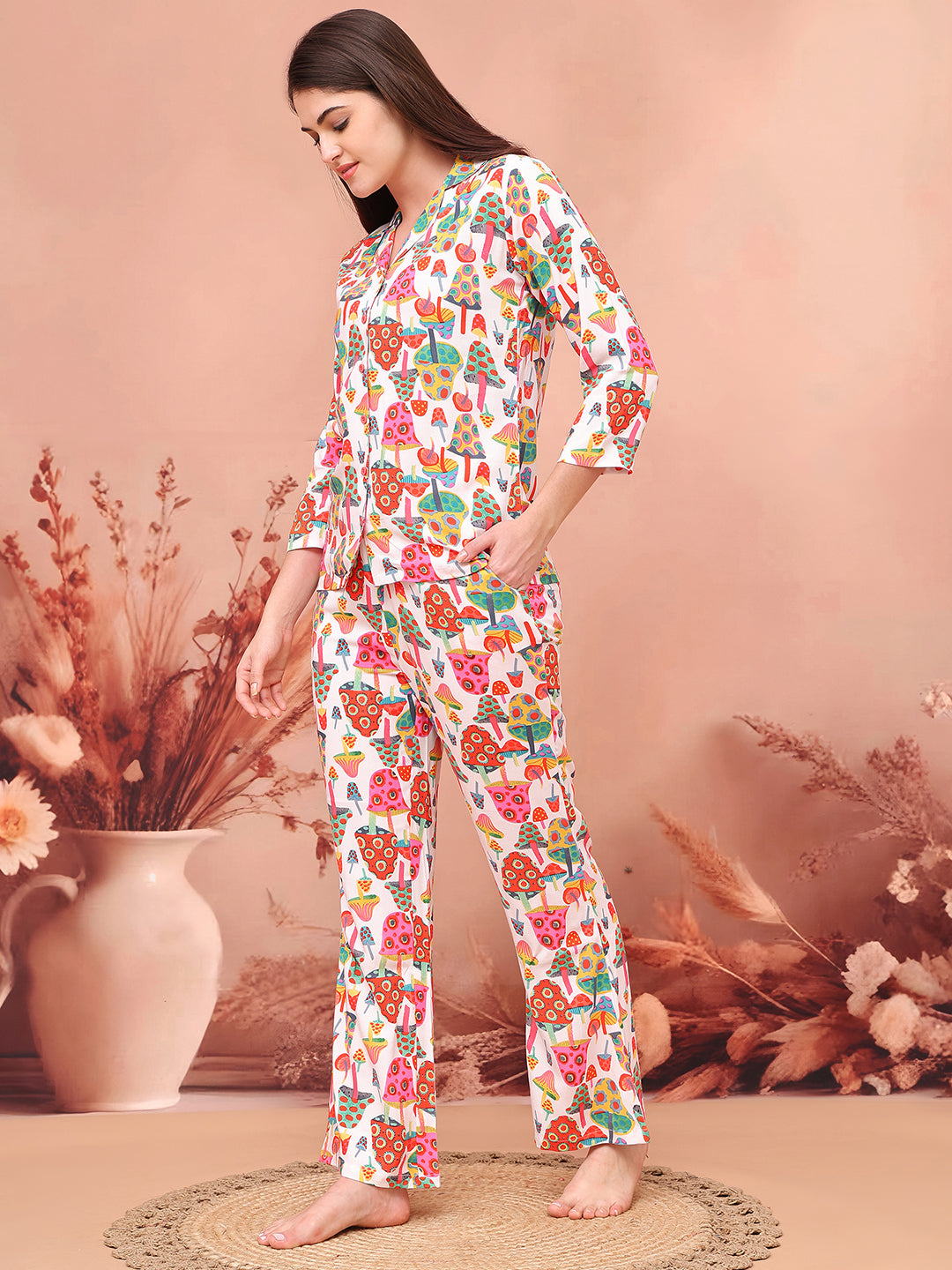 Color Abstract Printed Viscose Rayon Fabric Night Suit  For Women