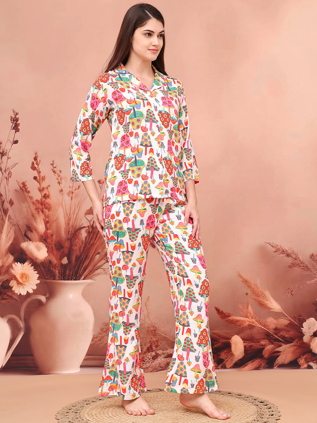 Color Abstract Printed Viscose Rayon Fabric Night Suit  For Women