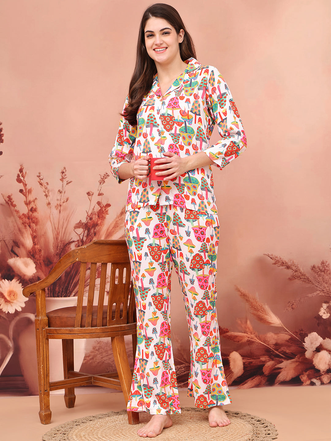 Color Abstract Printed Viscose Rayon Fabric Night Suit  For Women