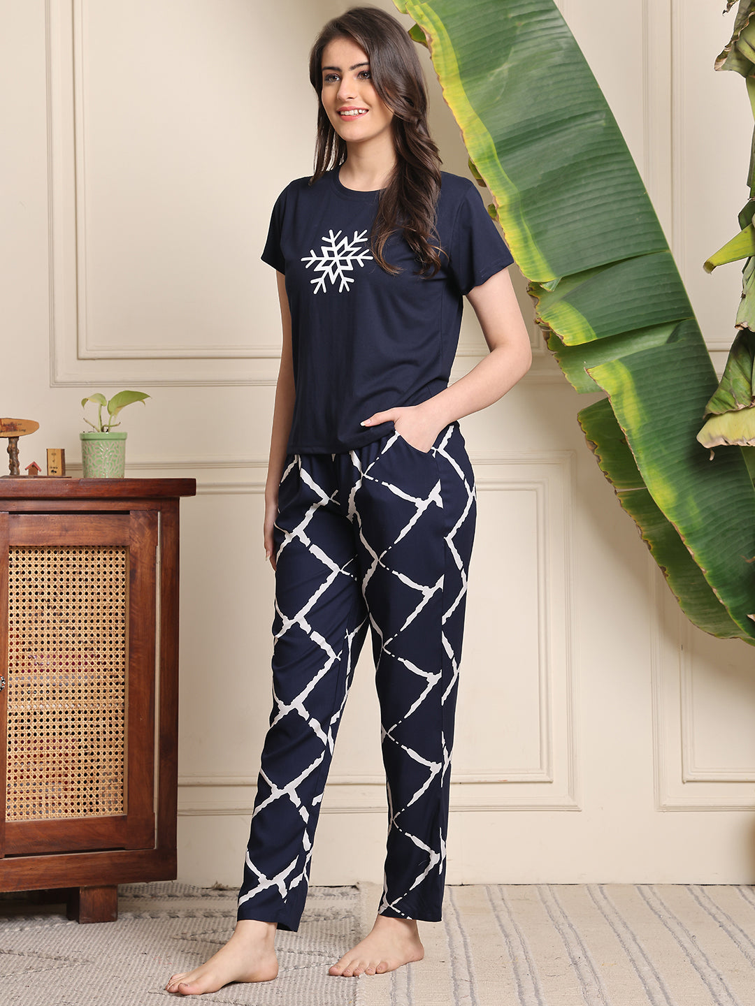 Navy Blue Colour Soild Printed Viscose Rayon Night Suit For Women