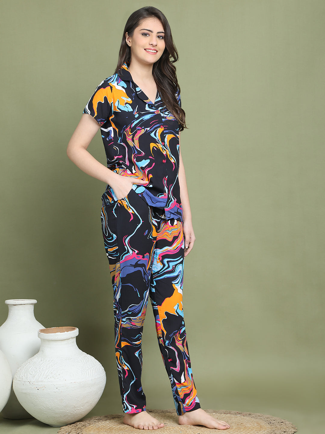 Black Abstract Printed Viscose Rayon Night Suit for Women by Claura

