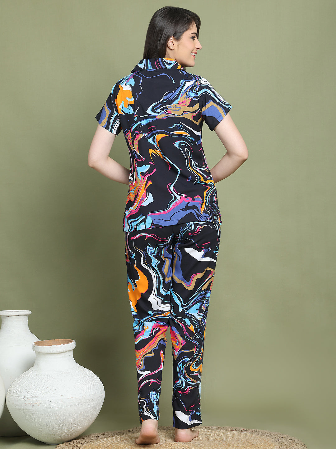 Black Abstract Printed Viscose Rayon Night Suit for Women by Claura

