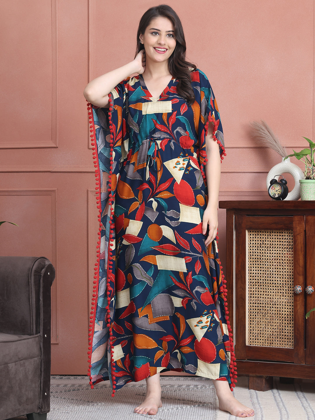 Navy Colour Abstract Printed Viscose Rayon Kaftan For Women