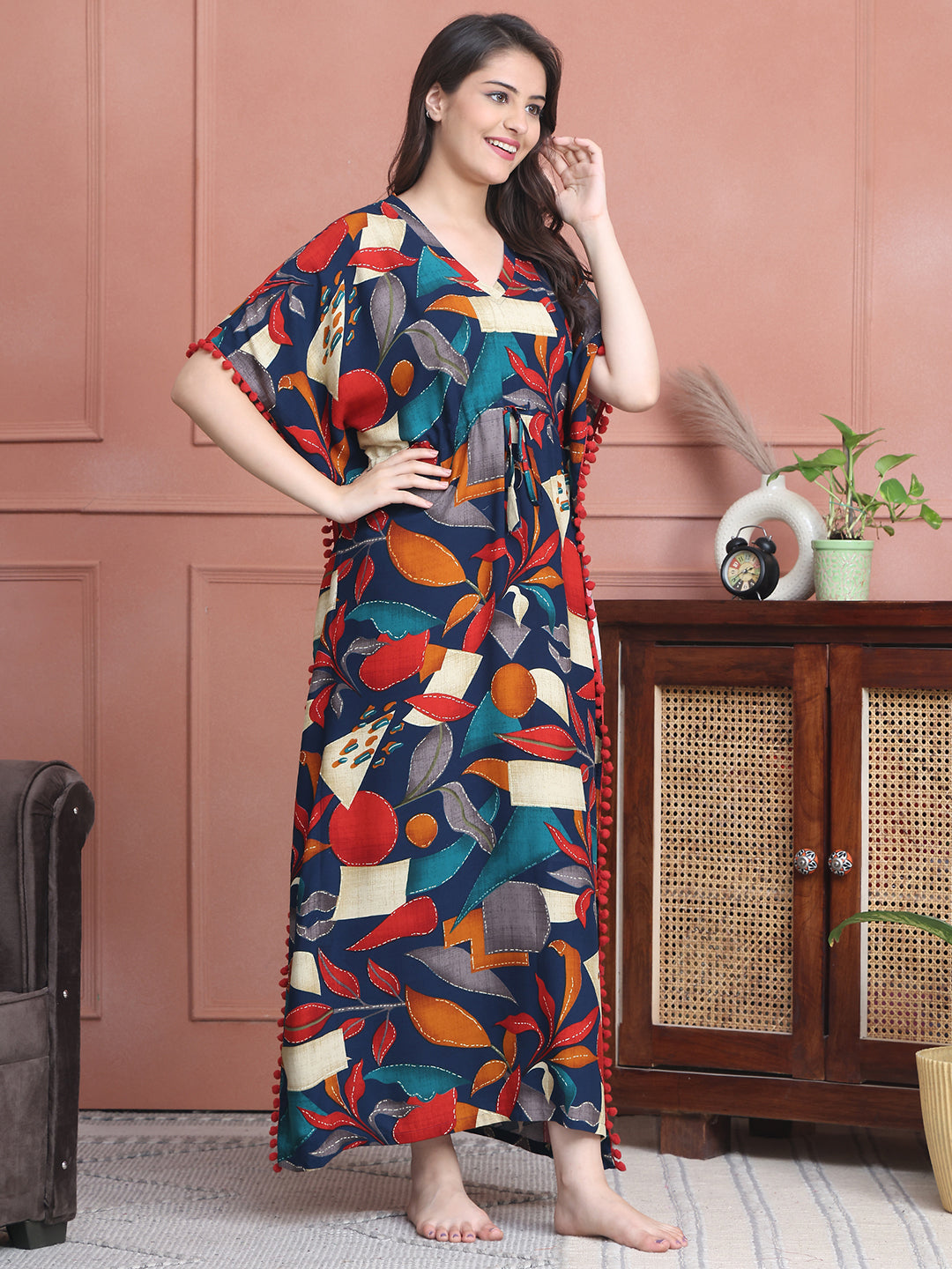 Navy Colour Abstract Printed Viscose Rayon Kaftan For Women