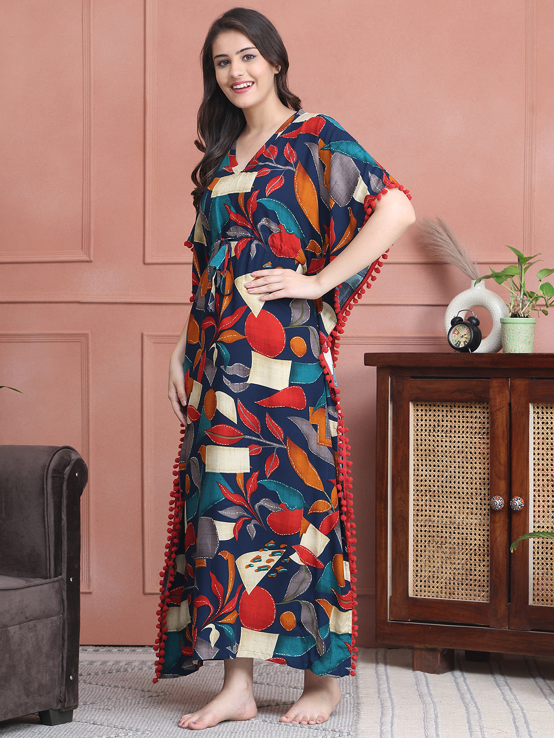 Navy Colour Abstract Printed Viscose Rayon Kaftan For Women