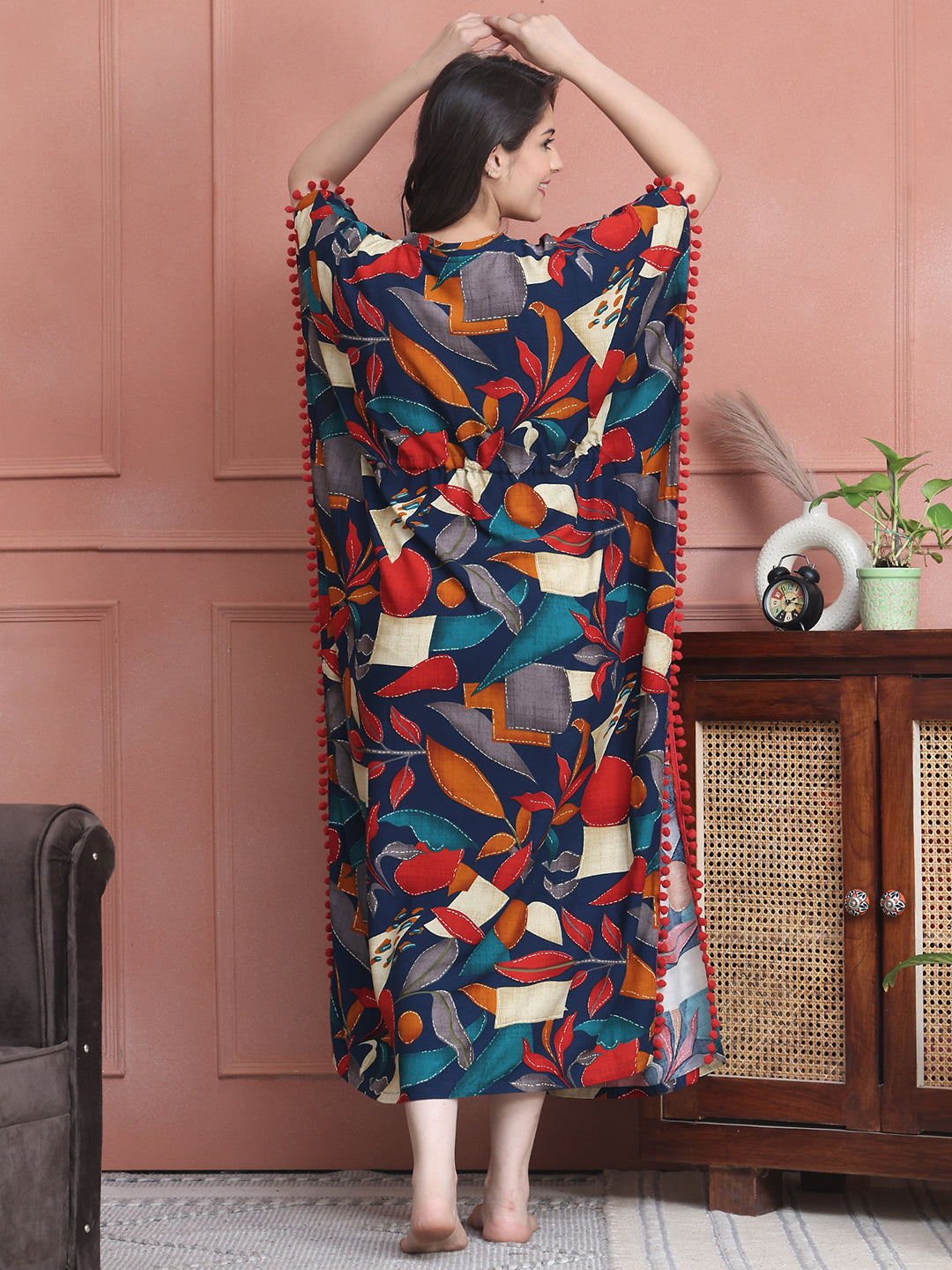Navy Colour Abstract Printed Viscose Rayon Kaftan For Women