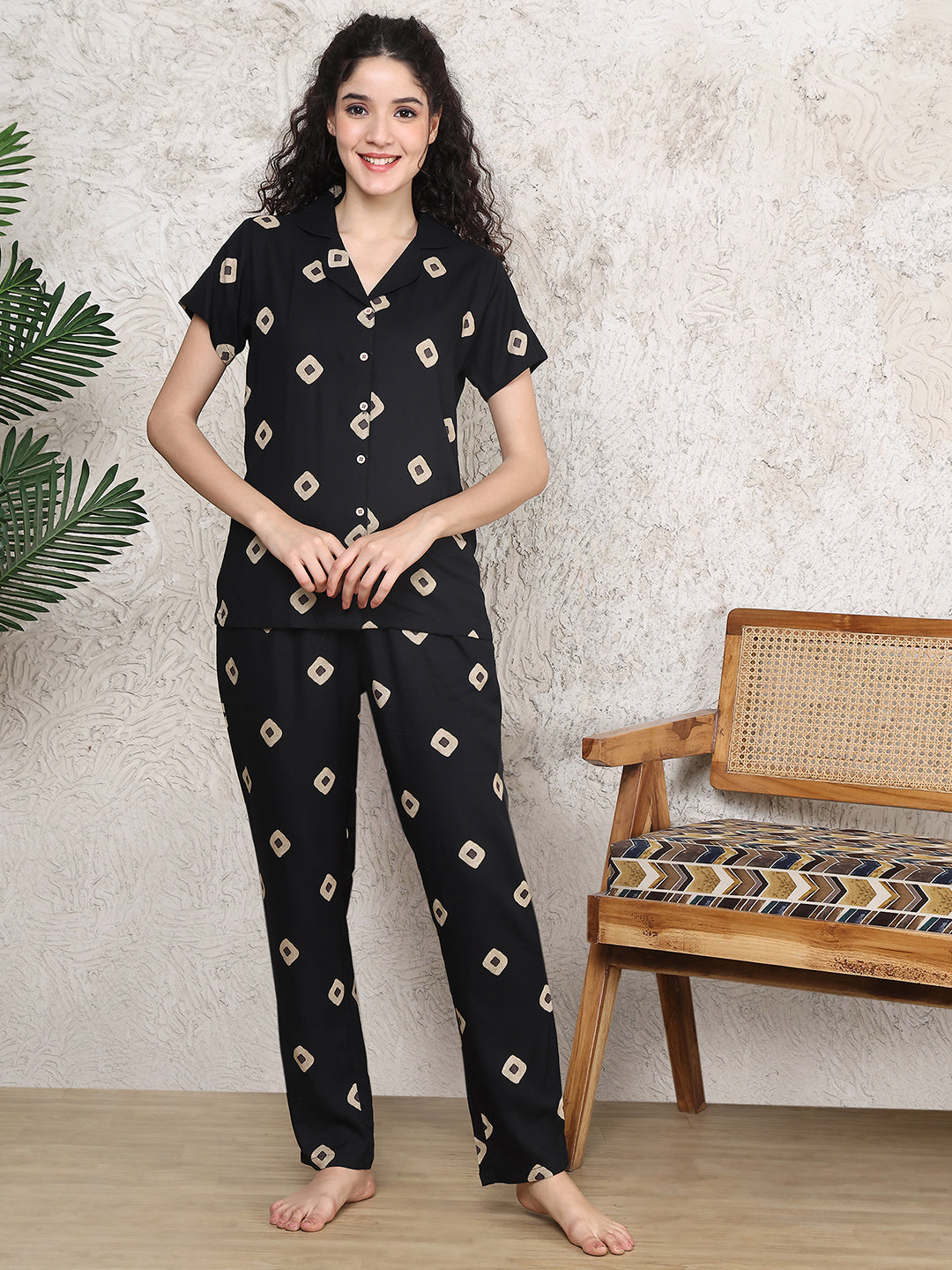 Black Colour Abstract Printed Viscose Rayon Night Suit