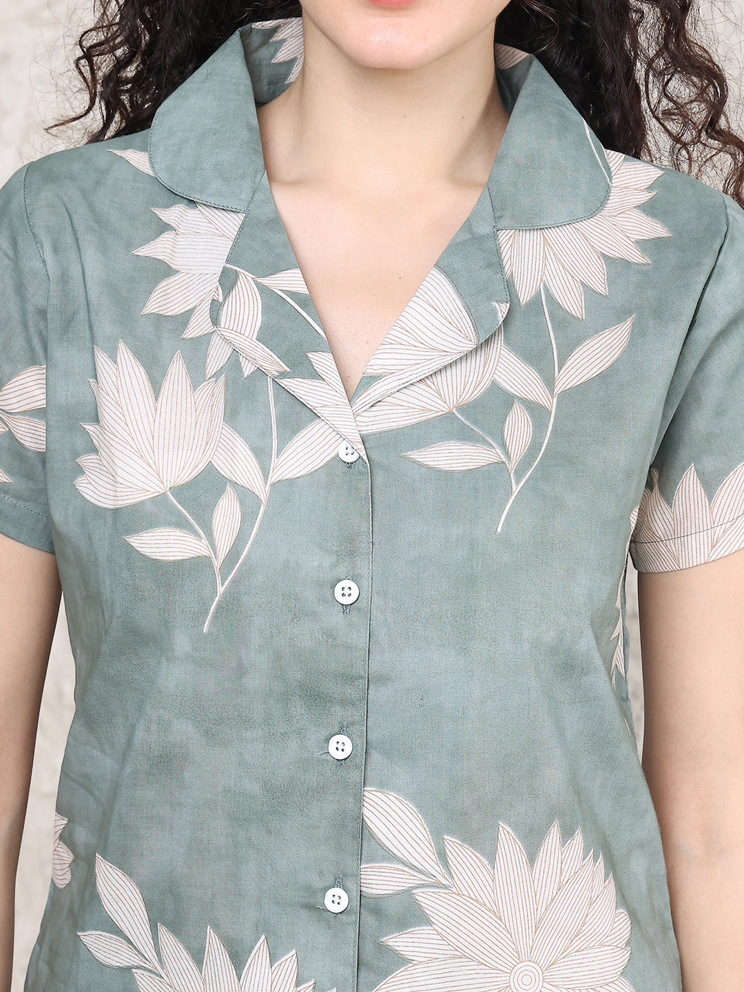 Green Colour Floral Printed Pure Cotton Night Suit
